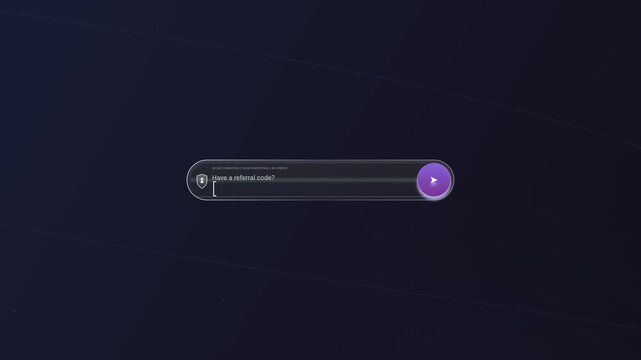 Referral code promo bonus animation showing user typing welcome50 to unlock a digital gift box revealing fifty dollars reward dropping into a virtual wallet with credit cards