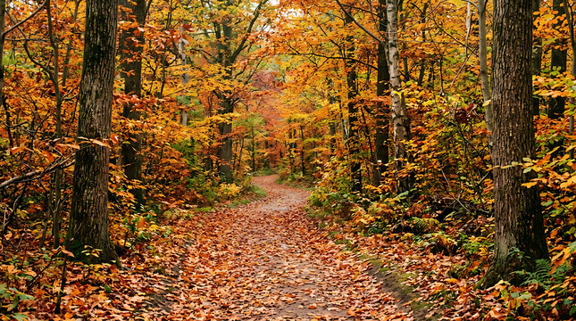 Forest path winds through vibrant autumn trees covered with fallen orange and yellow leaves.