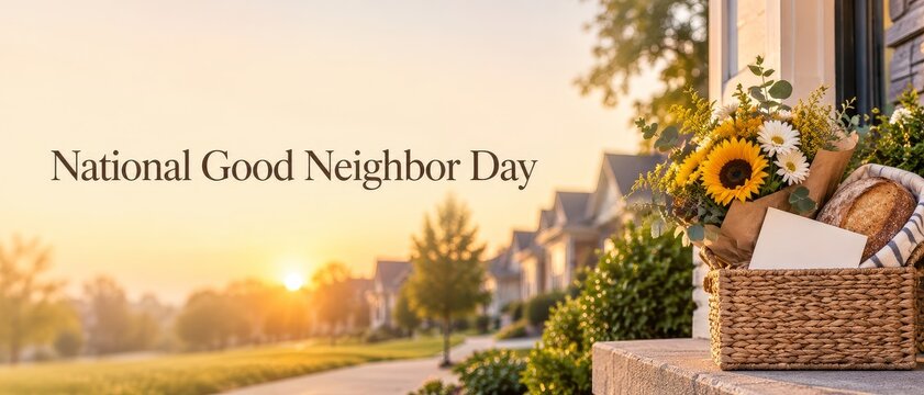 National Good Neighbor Day Sunset Banner with Flowers Bread and Care Package background 