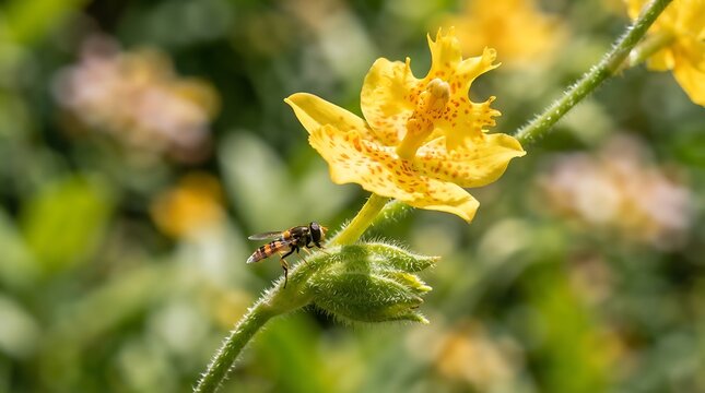 Honey bee perched on a vibrant yellow wildflower in a sunny garden setting
