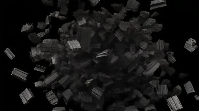 Charcoal pieces floating and separating on a black background