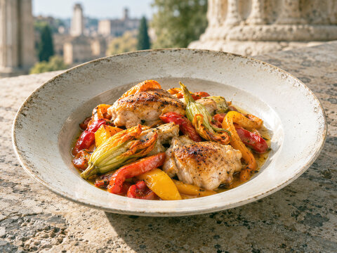 Rustikales italienisches H&auml;hnchengericht (Pollo con i peperoni e con fiori di zucca) serviert auf einer Steinmauer vor historischer Stadtkulisse.