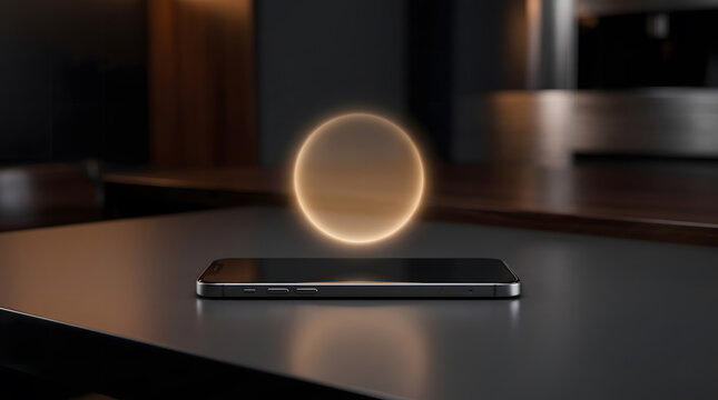 Modern smartphone resting on a dark surface with a glowing circular light effect floating above it in an indoor environment.