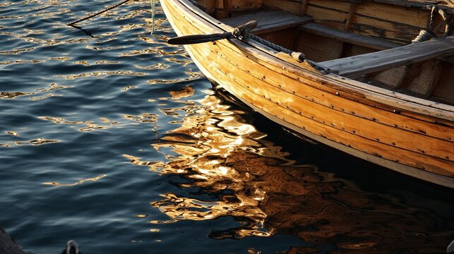 rowboat. The gentle ripple of a wooden rowboat's reflection in dock water, its oarlocks visible under golden hour light. travel magazines.