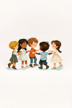 Happy children of various nationalities dance in pairs while hol