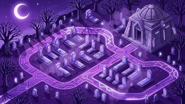 Isometric fantasy graveyard with glowing paths and mausoleum at night