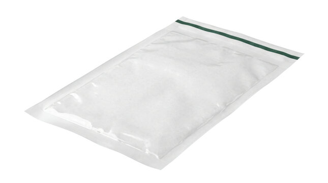 Transparent plastic zipper bag with white powder, clear resealable poly bag for storage, small airtight baggie containing salt or chemical substance