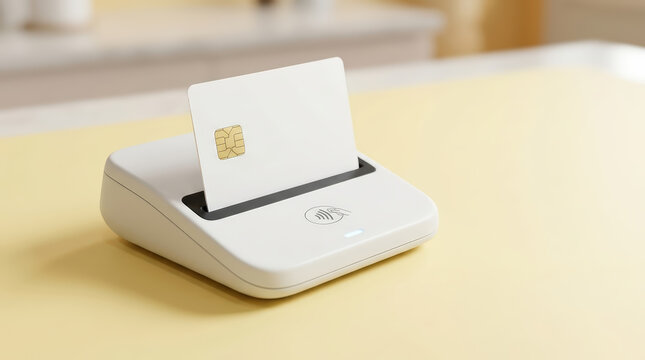 Modern credit card chip terminal on clean table facilitates secure banking transaction for retail commerce and electronic payment services.