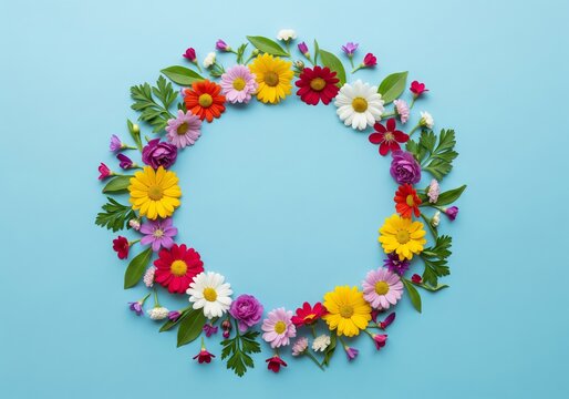 Colorful Spring Flower Wreath on Blue Background