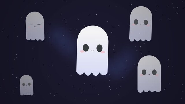 Cute Cartoon Ghosts Floating Floating In Starry Night Sky Seamless Loop Halloween Motion Background