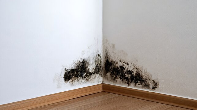 Black mold growing in a white room corner, indicating a serious dampness problem, humidity damage, and potential health hazard in residential property