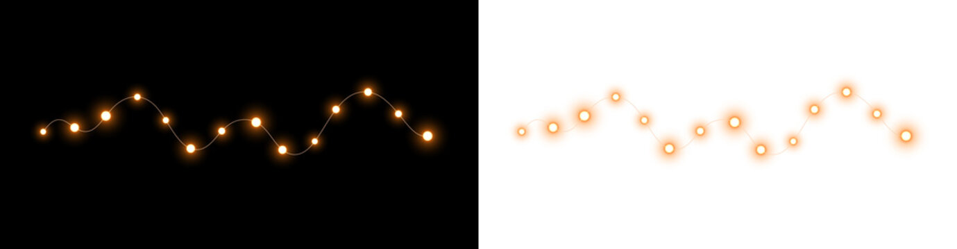 Warm fairy light garland with glowing round bulbs. Wavy Christmas light string overlay