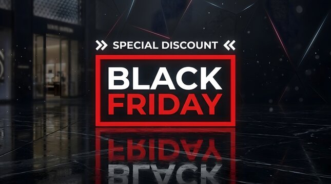 Black friday special discount banner featuring bold typography on a dark reflective surface with a modern luxury aesthetic