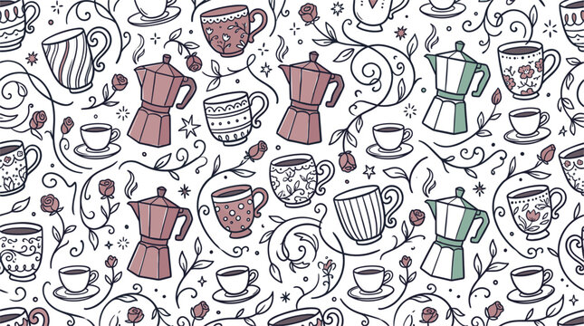Vintage Floral Coffee Cups and Moka Pot Seamless Pattern Botanical Teacup Rose Wallpaper Clipart Vector Illustration