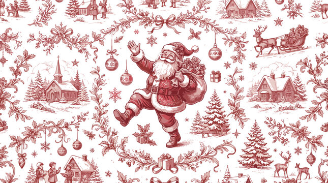 Vintage Toile de Jouy Christmas Seamless Pattern Vector Illustration featuring Santa Claus Reindeer Sleigh Village Church and Holiday Garland Designs