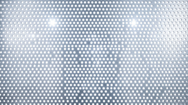Perforated silver metal sheet displaying uniform circular holes illuminated by bright light flares shining from behind showing industrial texture pattern