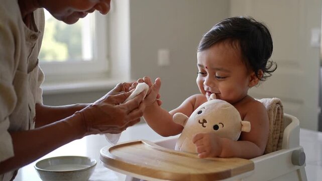 Lifting wet cloth, caregiver in light shirt wiping infant hands in kitchen highchair with plush toy