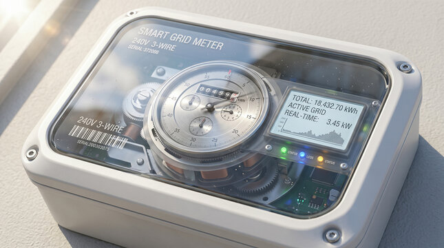 Smart electrical grid utility meter showing analog gauge, digital display screen, internal copper coils, and status lights inside weatherproof enclosure box