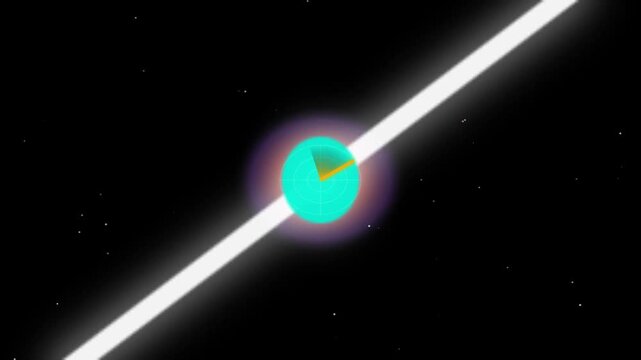spinning pulsar star in deep space. A dense neutron star core glowing with intense white and blue light. Two massive, bright beams of electromagnetic radiation shooting out from its magnetic poles