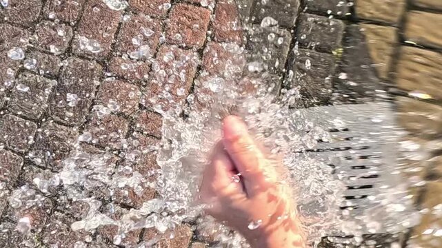 A human hand splashes water near a metal drain grate embedded in a wet brick pavement, fingers moving steadily through droplets and spray in bright warm outdoor daylight.