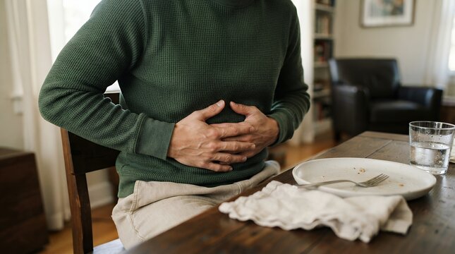 Stomach ache and digestive pain, man holding bloated belly after meal, indigestion and abdominal discomfort at dining table