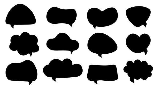 Set of black vector flat speech bubbles isolated on a white background. Clean and modern communication icons ideal for messaging apps, social media, customer support, chat interfaces, and graphic