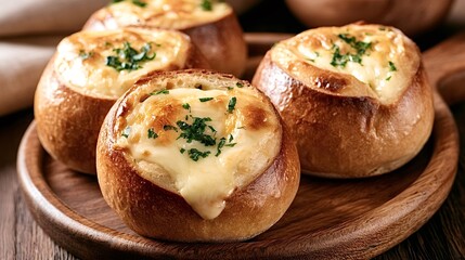 Fototapeta premium Round golden brown buns filled with melted creamy cheese, topped with fresh parsley, served warm on a rustic wooden tray indulgent, savory snack or appetizer for gatherings