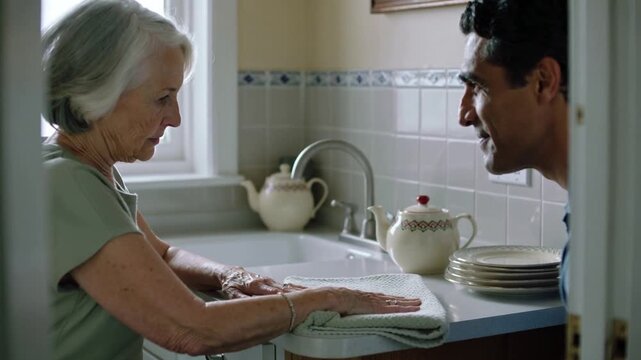 Smoothing senior woman in green top folding pale dish towel at kitchen counter, man leaning in