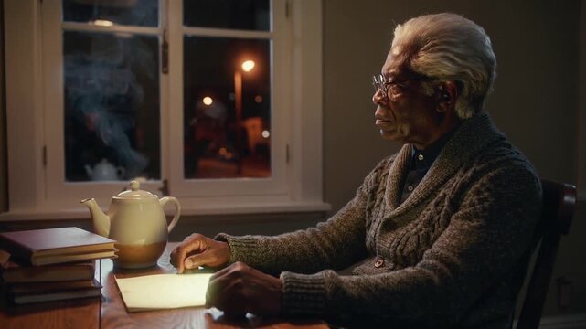Leaning senior man cardigan reading paper at kitchen table, lamp drawing focus to teapot