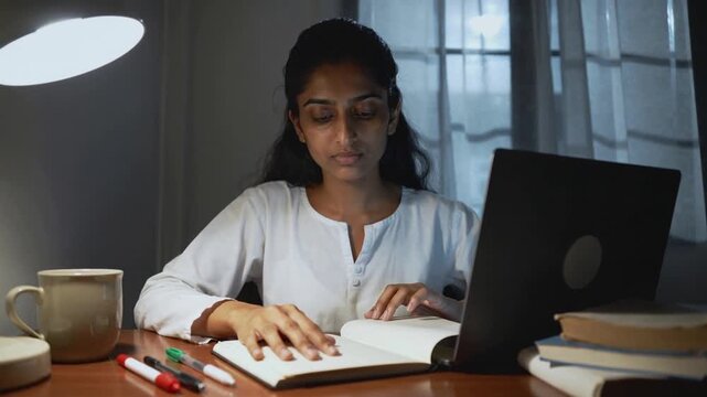 Reaching for notebook woman in white blouse flipping pages and checking laptop at desk studying