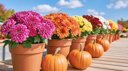 Plakat Rows of potted chrysanthemums in vivid autumn colors with small pumpkins on wooden deck under blue sky