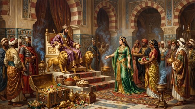 Queen of Sheba presents spices and gold before King Solomon on his lion throne during 1 Kings Old Testament biblical scene.