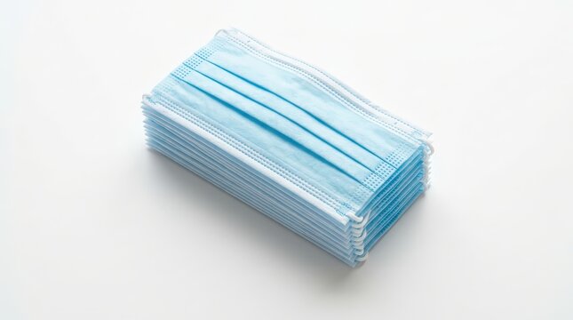 Disposable surgical face masks are stacked in sterile pile for medical hygiene and healthcare prevention on clean isolated white background.