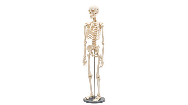 Human anatomy model standing on white background. Full length medical skeleton showing bones and spine