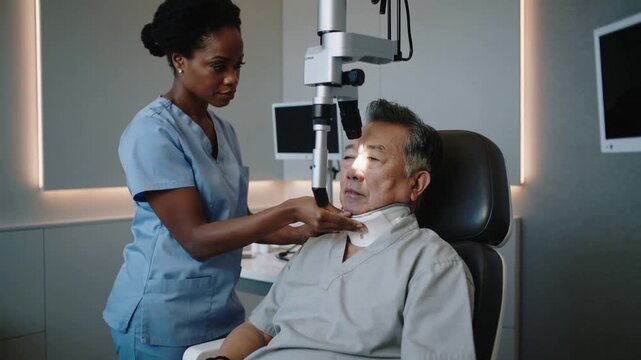 Lowering microscope, blue-scrub nurse adjusting chin and cervical collar in exam room for eye exam