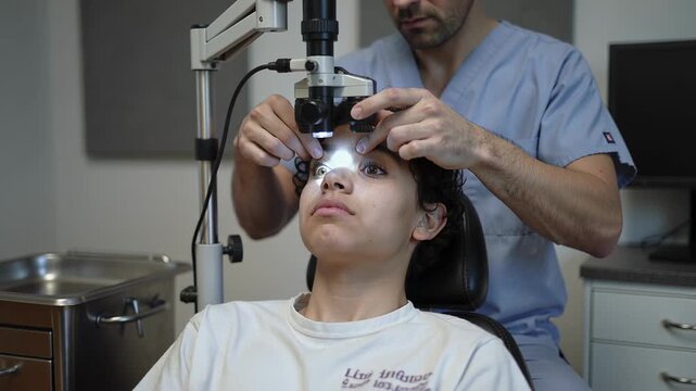 Positioning clinician in scrubs aligning slit-lamp over patient in exam room to inspect cornea