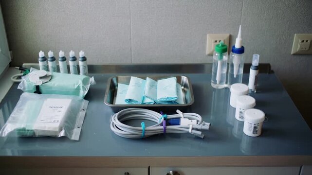 Recording fixed camera capturing medical supplies on treatment counter, documenting tray and tubing