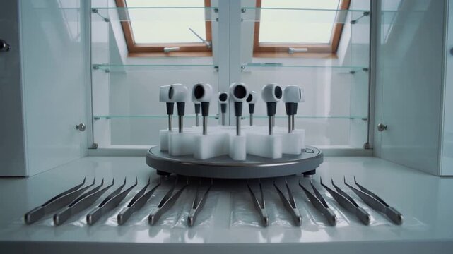 Motor engaging, carousel with foam holders rotating capsule heads on counter, drying with forceps