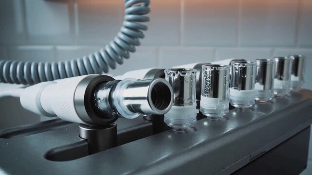 Camera framing metallic handpiece and coiled grey hose resting in holder, showing cartridges