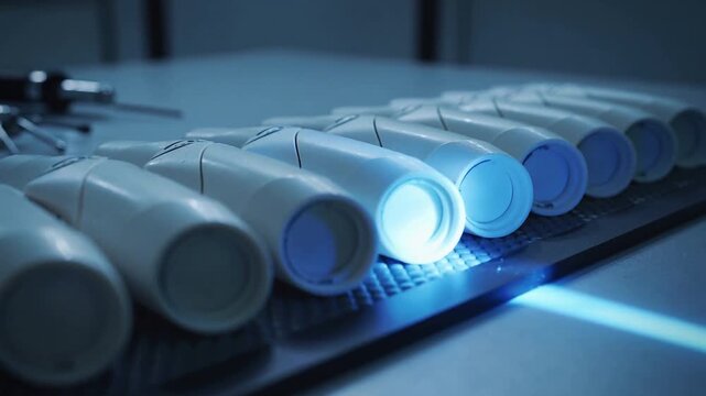 Starting blue beam sweeping and lighting row of white tubes at lab bench, performing inspection