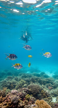 Underwater Scene with Sergeant Major Fish and Snorkeler.