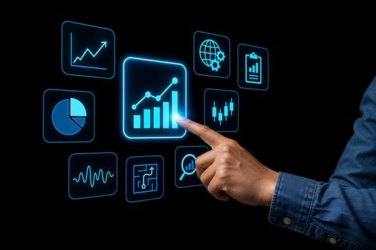 Person touching a digital screen displaying business charts and graphs in the dark