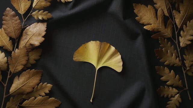 Entering top, yellow ginkgo leaf drifting, rotating, landing to rest on fabric between branches