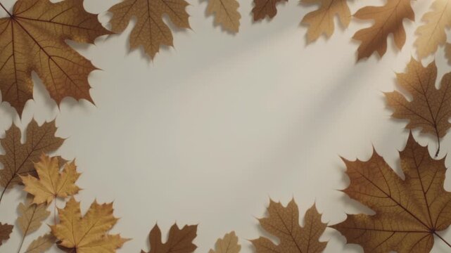 Brightening diagonal light nudging golden maple leaves turning toward center on cream backdrop