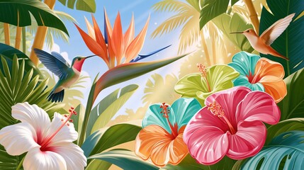 Fototapeta premium Vibrant tropical jungle scene with hummingbirds, hibiscus flowers, and bird of paradise under bright sunlight