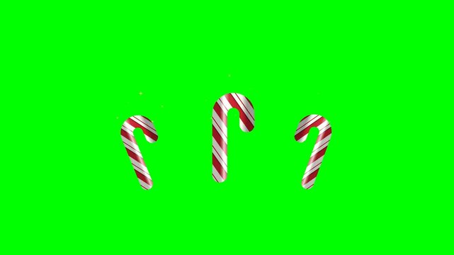 3D Christmas Candy Canes with Sparkling Stars on Green Screen Background