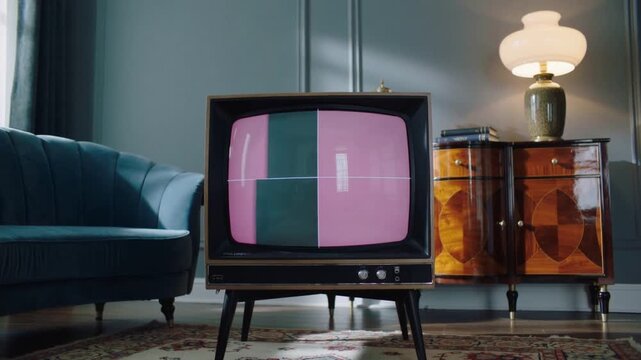 Responding to pink block appearing, vintage CRT TV filling screen with growing pink in living room