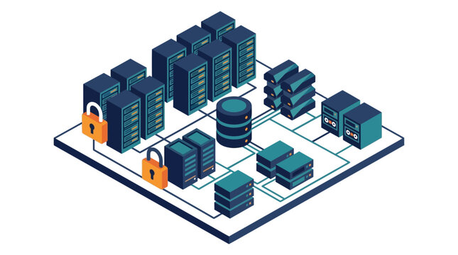 Isometric Data Center with Secure Server Racks, Database Storage and Padlock Icons