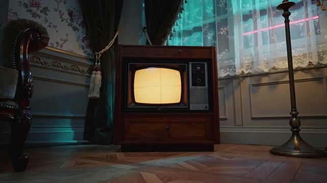 Moving camera in and tilting down, revealing vintage TV on parquet floor, evoking cinematic tone