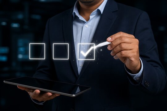Businessman holding tablet and checking checklist with checkmark icon in modern office